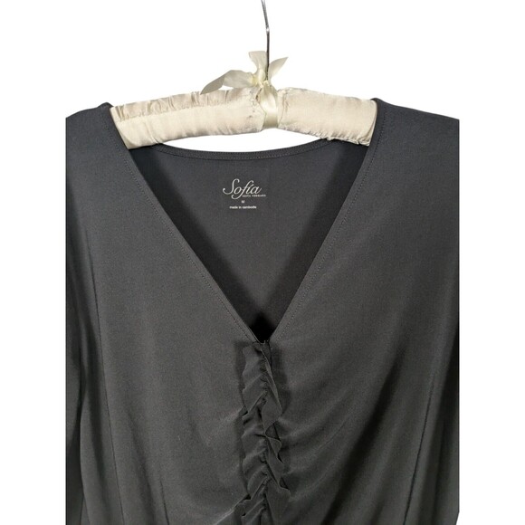 Sophia by Sophia Vergara Dress M Black Vneck Gathered Ruffle Long Sleeve Sheath - Picture 2 of 7